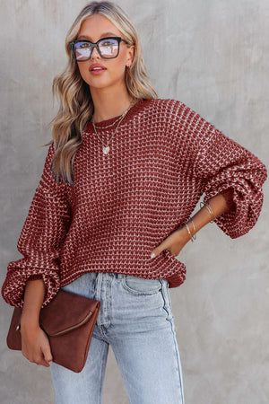 Green Heathered Knit Drop Shoulder Lantern Sleeve Sweater