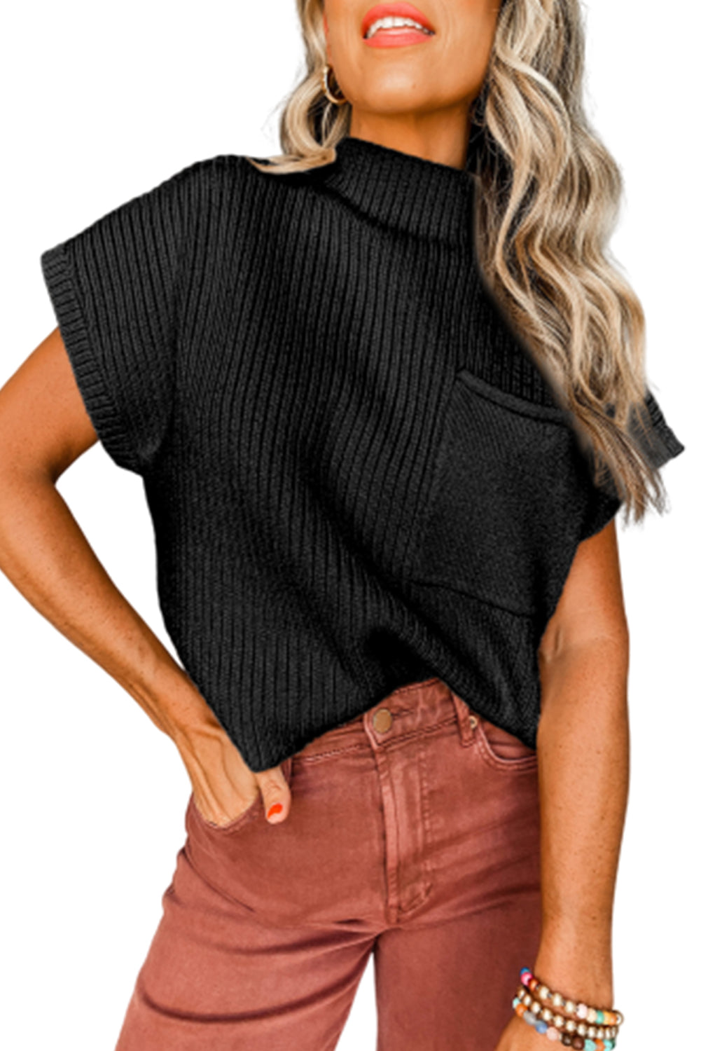 Green Patch Pocket Ribbed Knit Short Sleeve Sweater