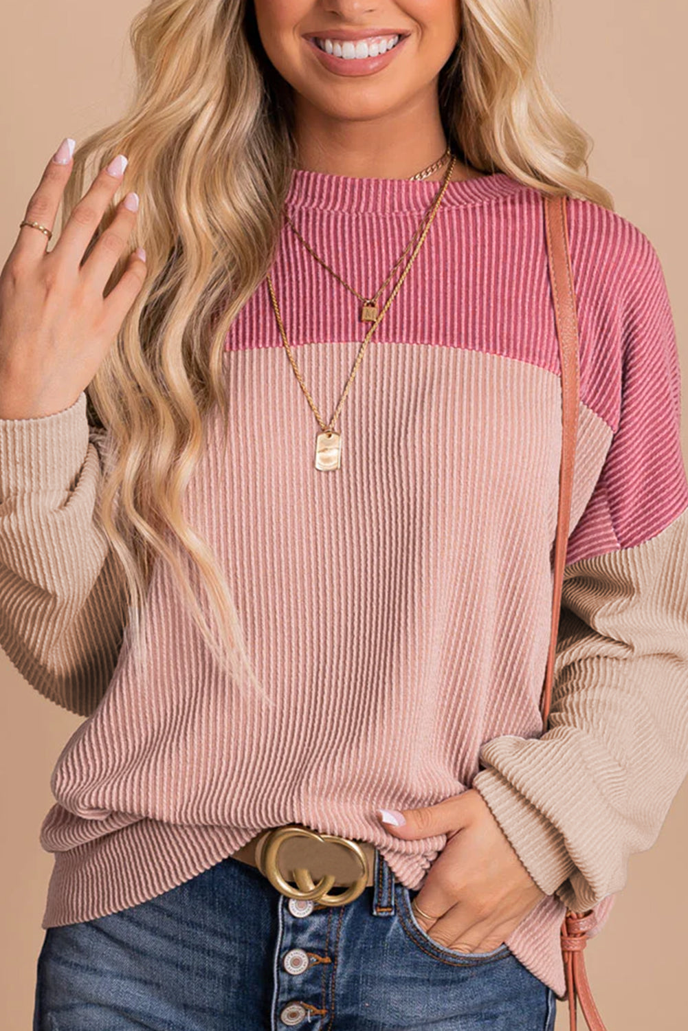 Dark Green Color Block Cording Loose Long Sleeve Top