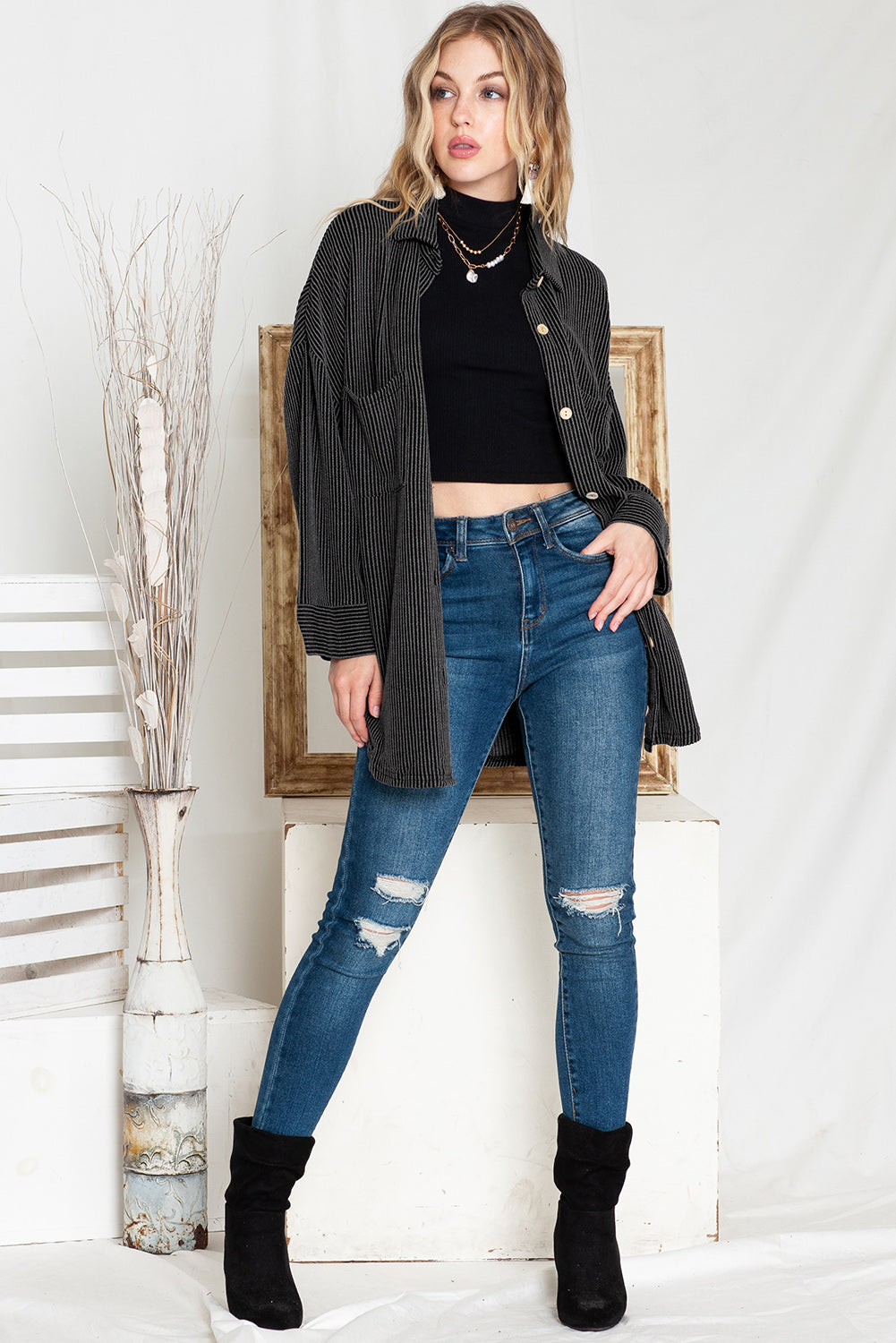 Pink Solid Color Textured Roll Tab Sleeve Shirt Shacket