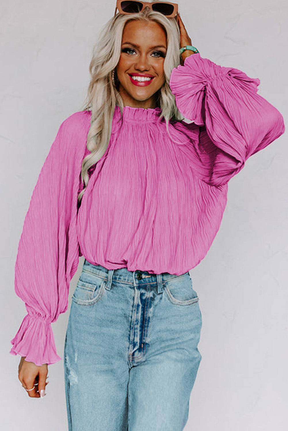 Black Crinkle Frilled Neck Pleated Long Sleeve Blouse