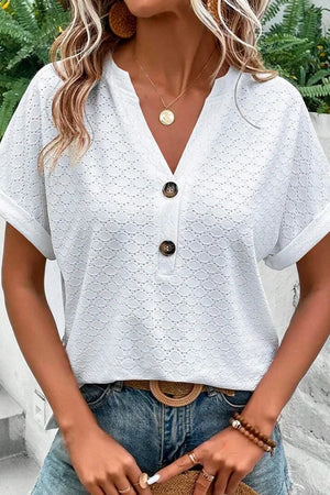 Black Button V Neck Eyelet Solid Color Blouse
