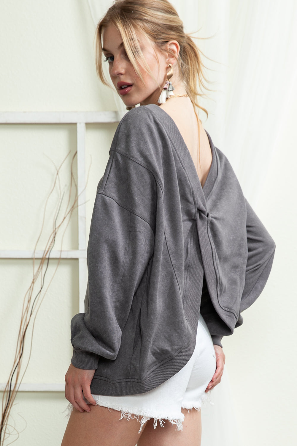 Gray Mineral Wash Twist Butterfly Oversize Sweatshirt