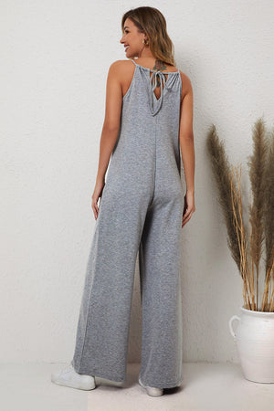 Gray Patch Pockets Spaghetti Strap Wide Leg Jumpsuit