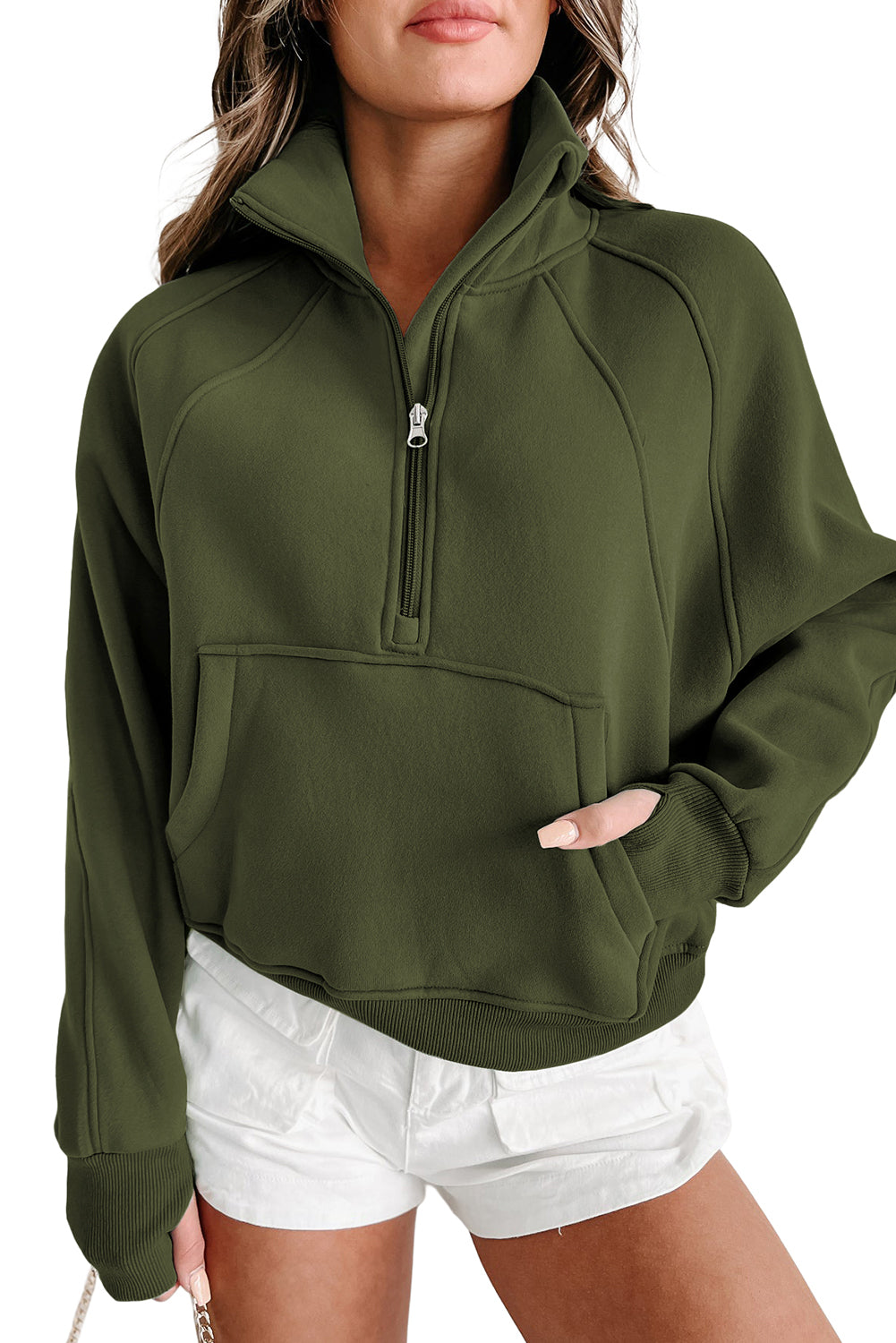 Green Zip Up Stand Collar Ribbed Thumbhole Sleeve Sweatshirt
