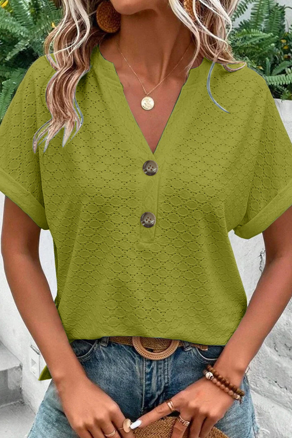 Black Button V Neck Eyelet Solid Color Blouse