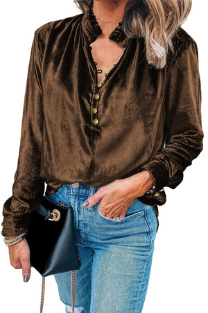 Black Frilled Neck Buttoned Front Velvet Top