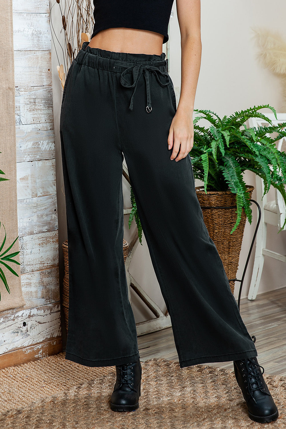 Blue High Waist Pocketed Wide Leg Tencel Jeans