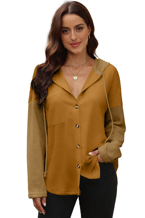 Gray Button Up Contrast Knitted Sleeves Hooded Jacket