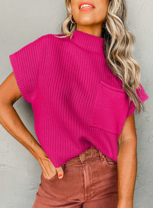 Green Patch Pocket Ribbed Knit Short Sleeve Sweater