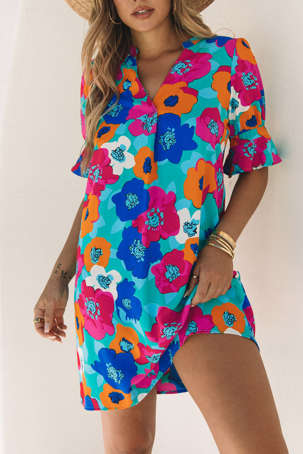 Rose Floral Print Mandarin Collar Short Sleeve Tunic Dress