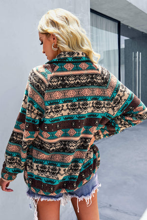 Black Geometric Colorblock Colorblock Snap Button Sherpa Jacket