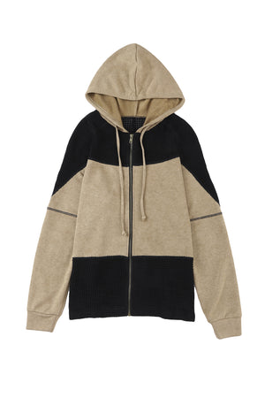 Khaki Dark Washed Patchwork Zip Up Hooded Jacket
