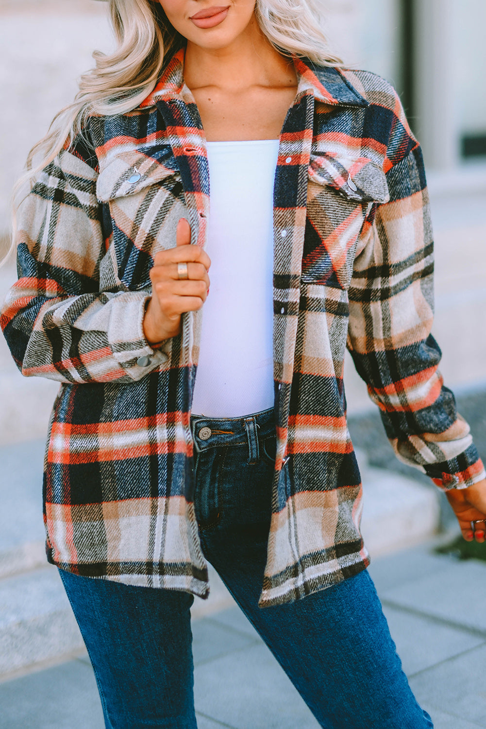 Brown Plaid Button Up Long Sleeve Flannel Jacket