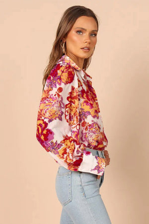 Multicolor Swirl Color Block Print Lantern Sleeve Shirt