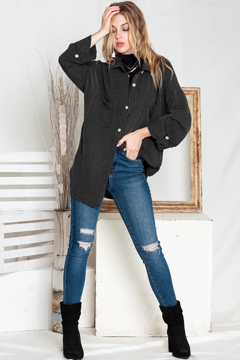 Pink Solid Color Textured Roll Tab Sleeve Shirt Shacket