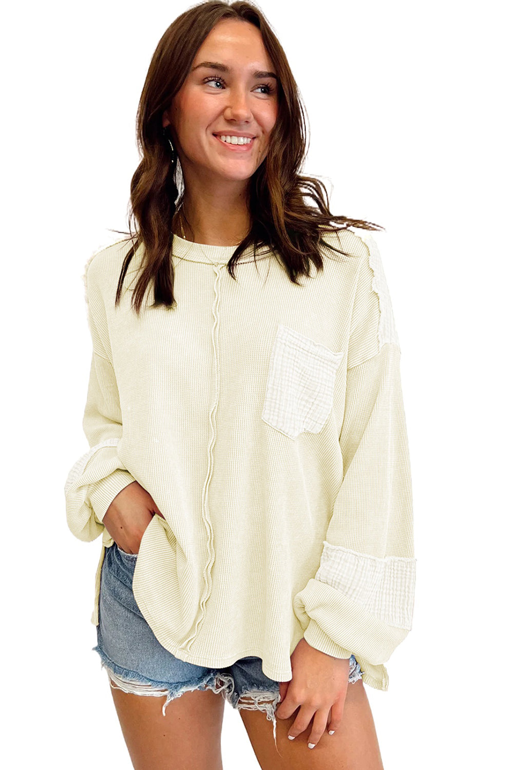 Black Waffle and Crinkle Patchwork Long Sleeve Top