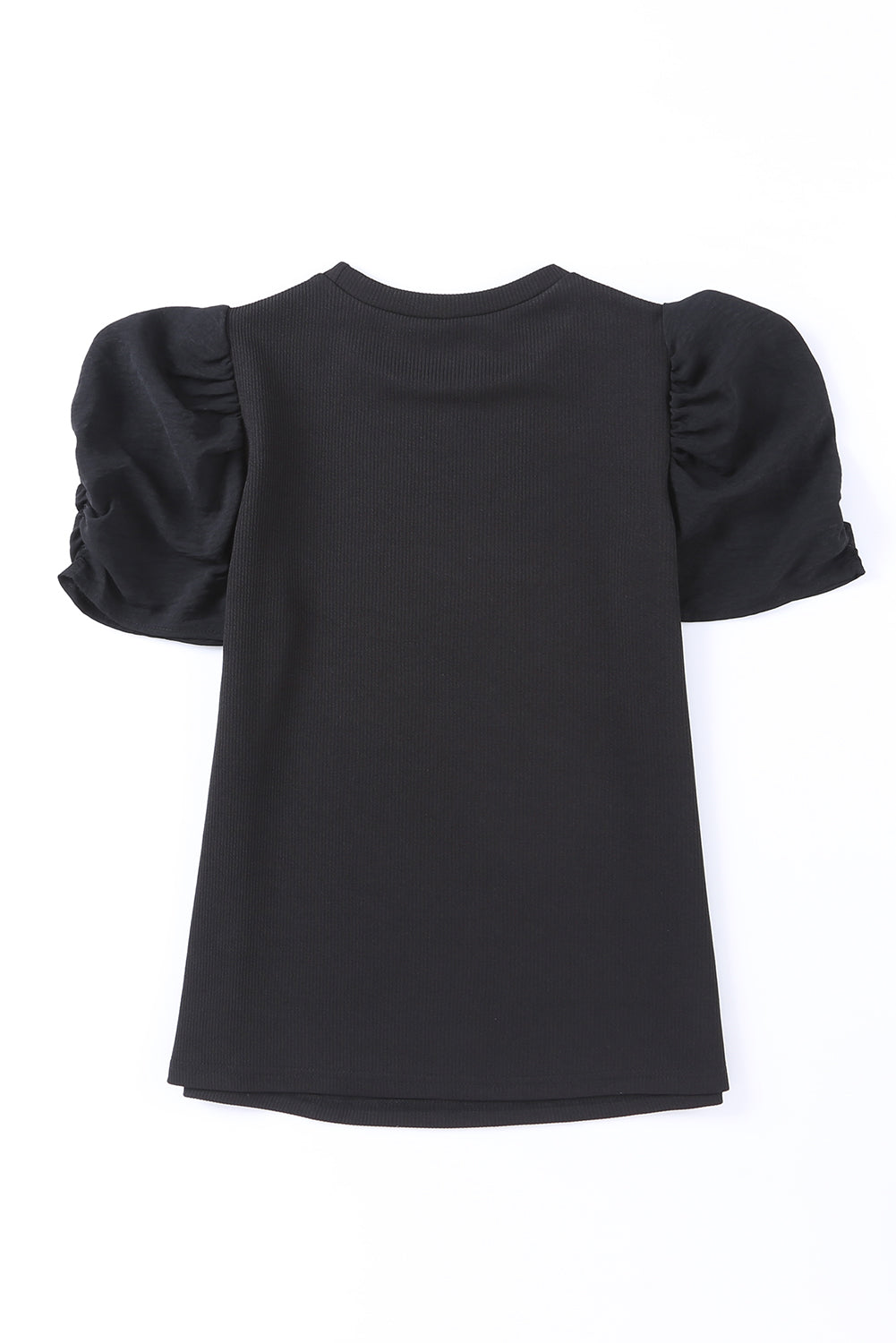 Black Ribbed Crew Neck Elegant Puff Sleeve Top