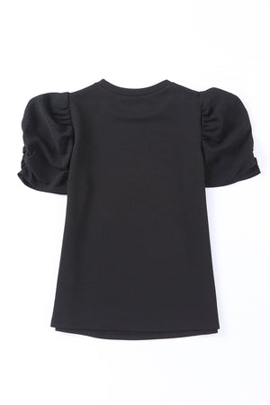 Black Ribbed Crew Neck Elegant Puff Sleeve Top