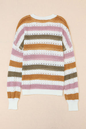 Multicolor Striped Hollowed Knitted Loose Sweater