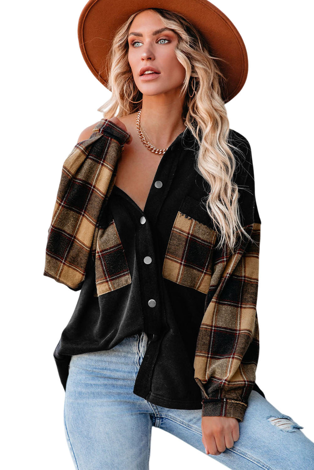Rose Plaid Patchwork Chest Pockets Oversized Shirt Shacket