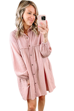 Black Ribbed and Crinkle Patchwork Puff Sleeve Shirt Dress