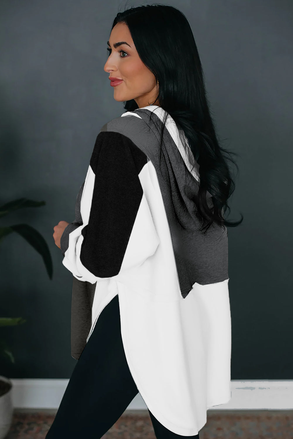 Grey Color Block Snap Button Exposed Seam Pullover Hoodie