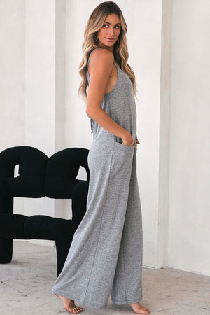 Gray Patch Pockets Spaghetti Strap Wide Leg Jumpsuit