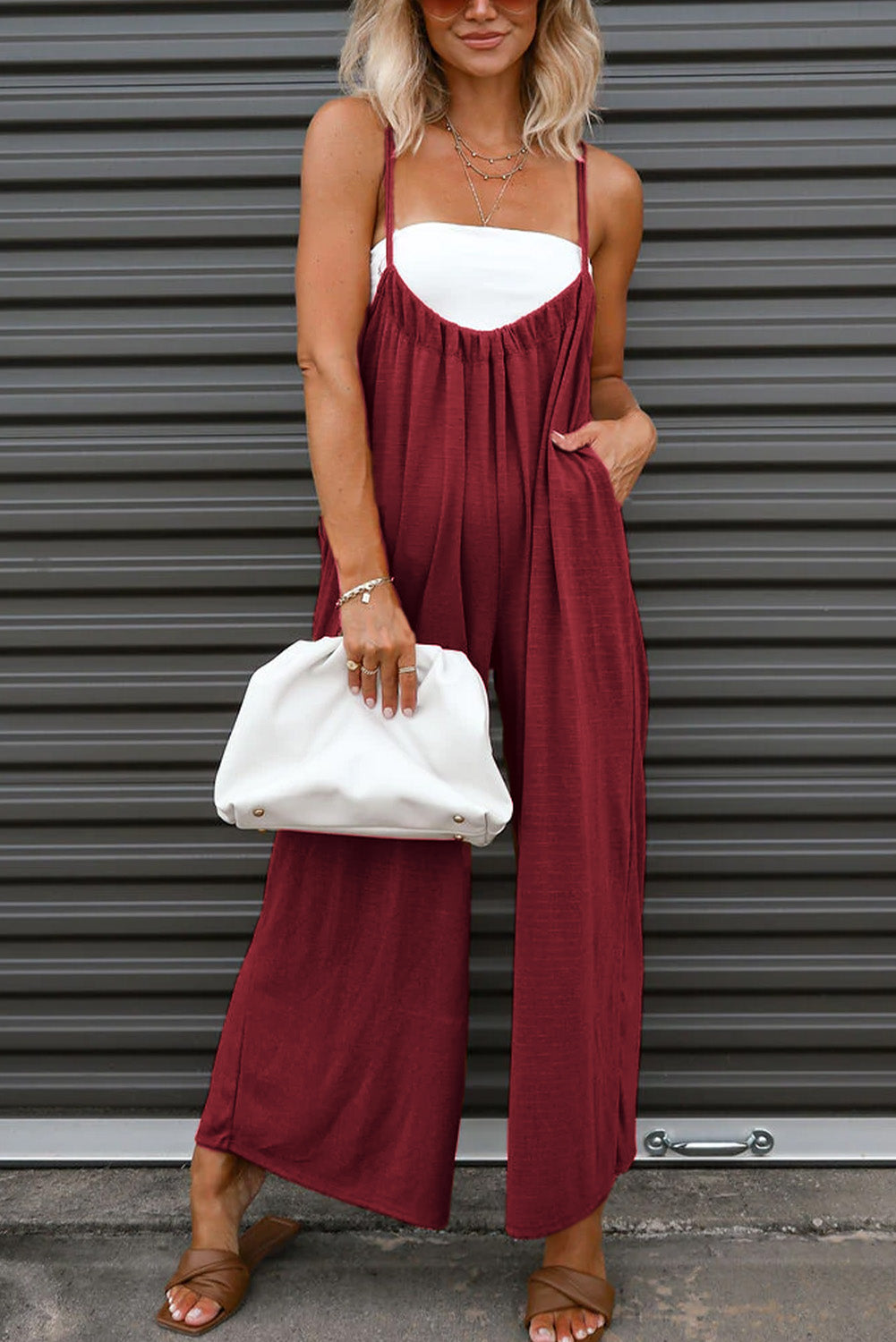 Red Casual Spaghetti Strap Backless Wide Leg Jumpsuit