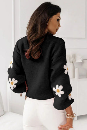 Black Floral Pattern Drop Shoulder Knit Sweater