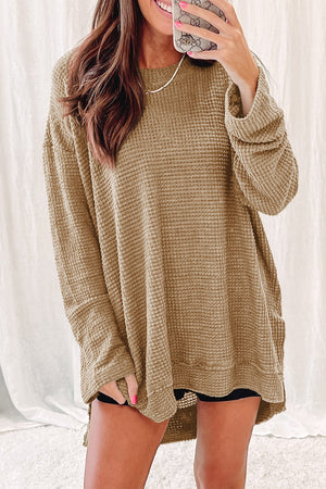 Black Plain Waffle Knit Drop Sleeve Side Slits Oversized Top