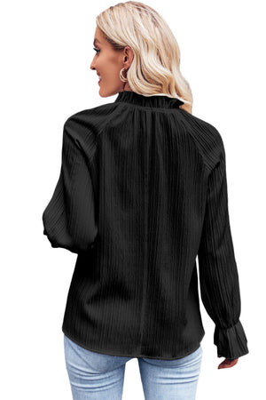 Black Frilled Mock Neck Bubble Sleeve Pleated Blouse