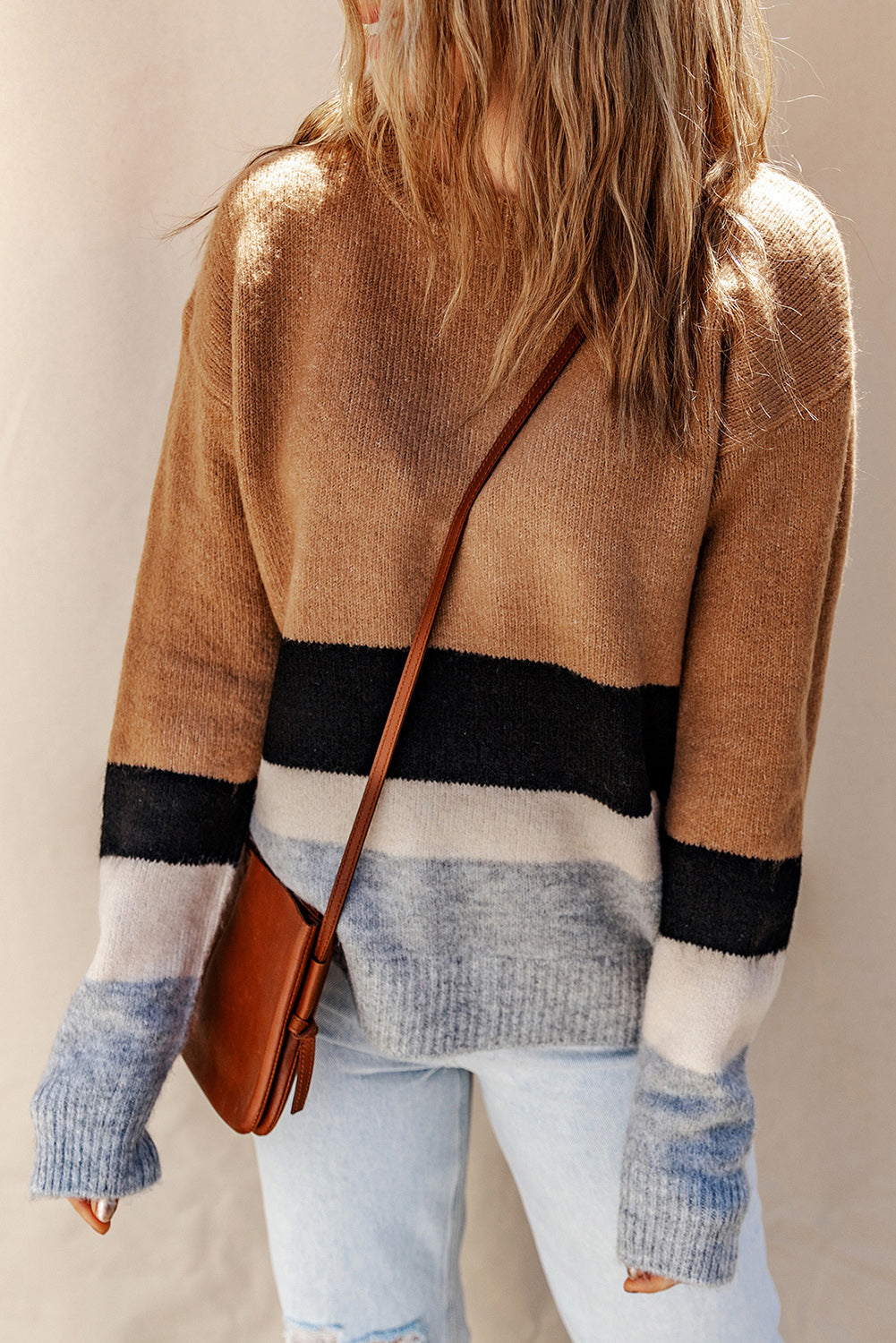 Brown Striped Bottom Colorblock Ribbed Knit Sweater