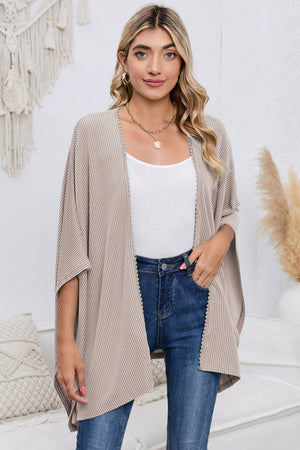 Black Textured Lace Trim Open Front Kimono Cardigan