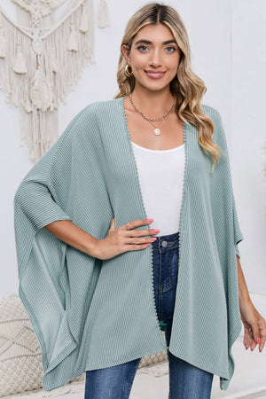Black Textured Lace Trim Open Front Kimono Cardigan