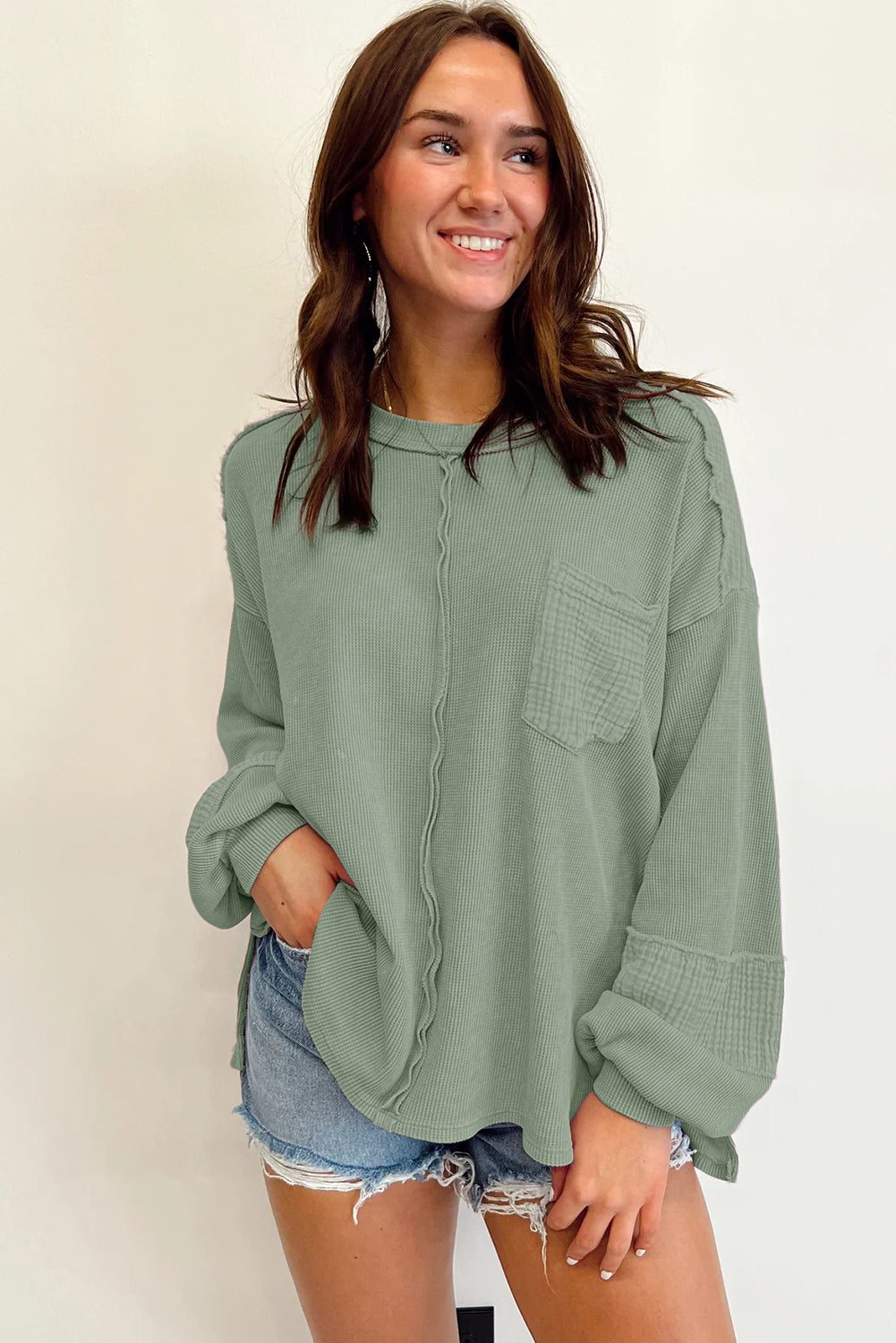 Black Waffle and Crinkle Patchwork Long Sleeve Top