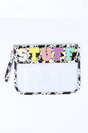 Black STUFF Cow Print Transparent Zipped Handbag