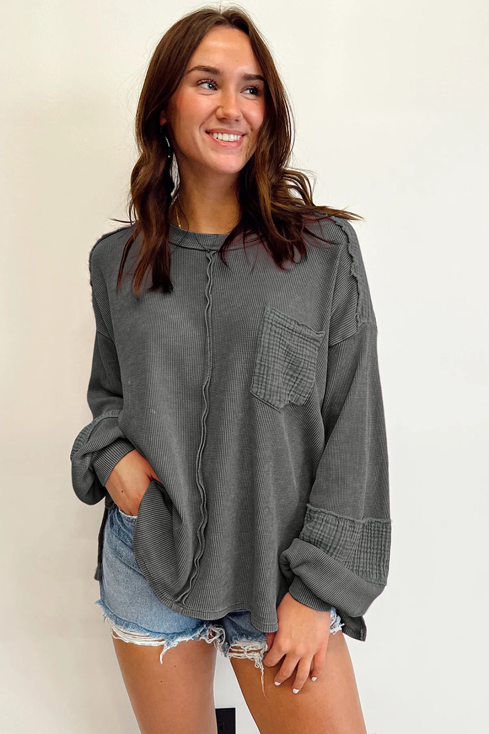 Black Waffle and Crinkle Patchwork Long Sleeve Top