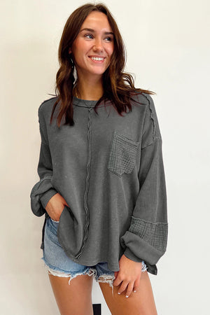 Black Waffle and Crinkle Patchwork Long Sleeve Top