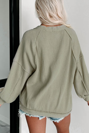 Green Exposed Seam Button Front Waffle Knit Cardigan