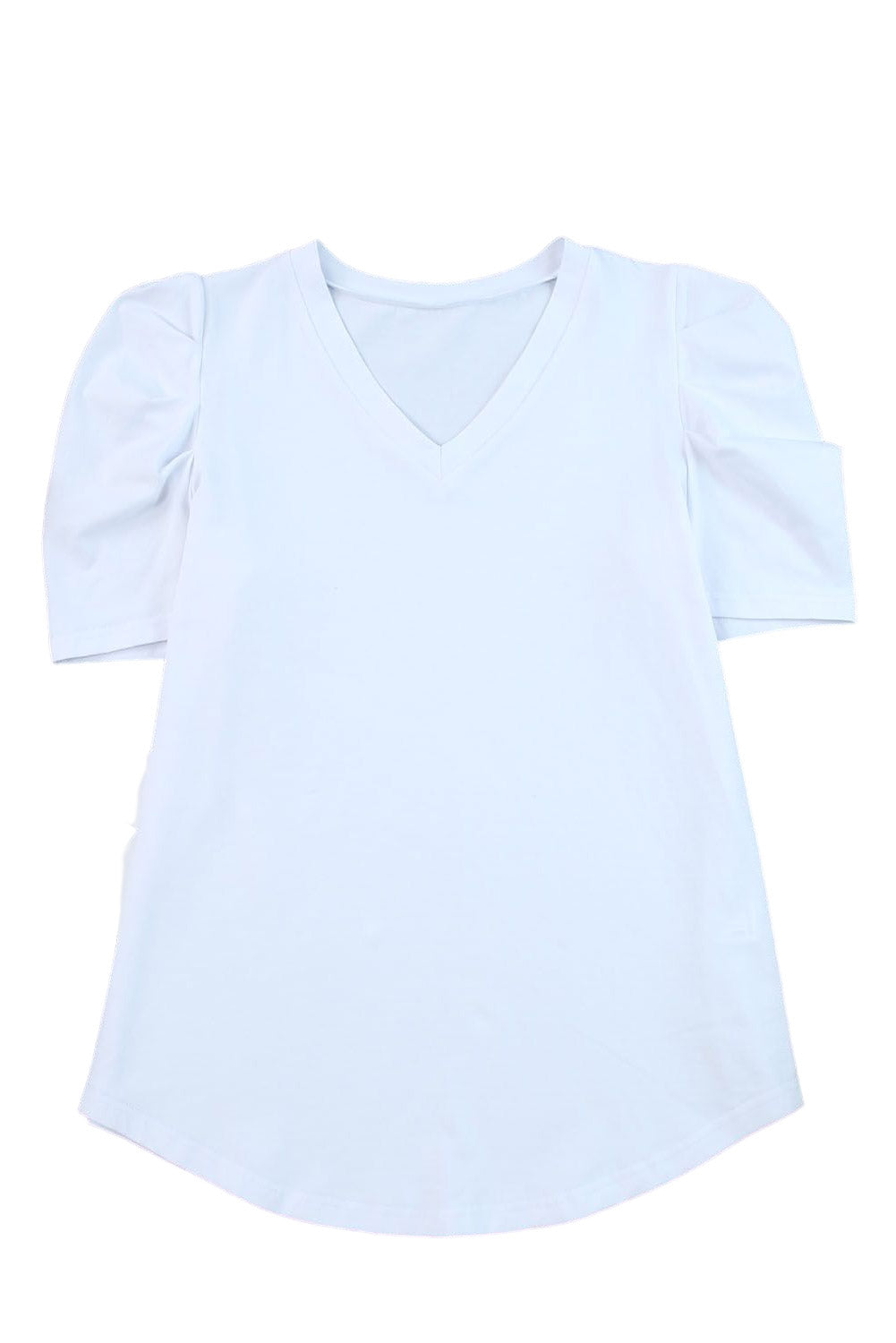 White Puff Sleeve Casual V Neck T-Shirt