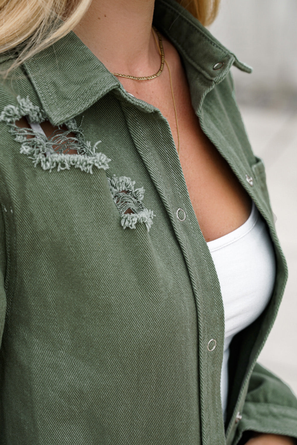 Green Casual Ripped Raw Hem Button Up Denim Shacket