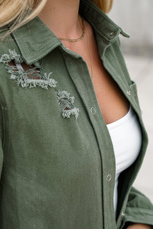 Green Casual Ripped Raw Hem Button Up Denim Shacket
