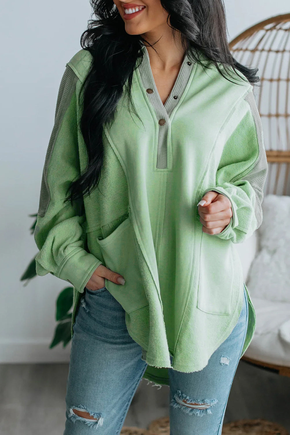 Grey Color Block Snap Button Exposed Seam Pullover Hoodie