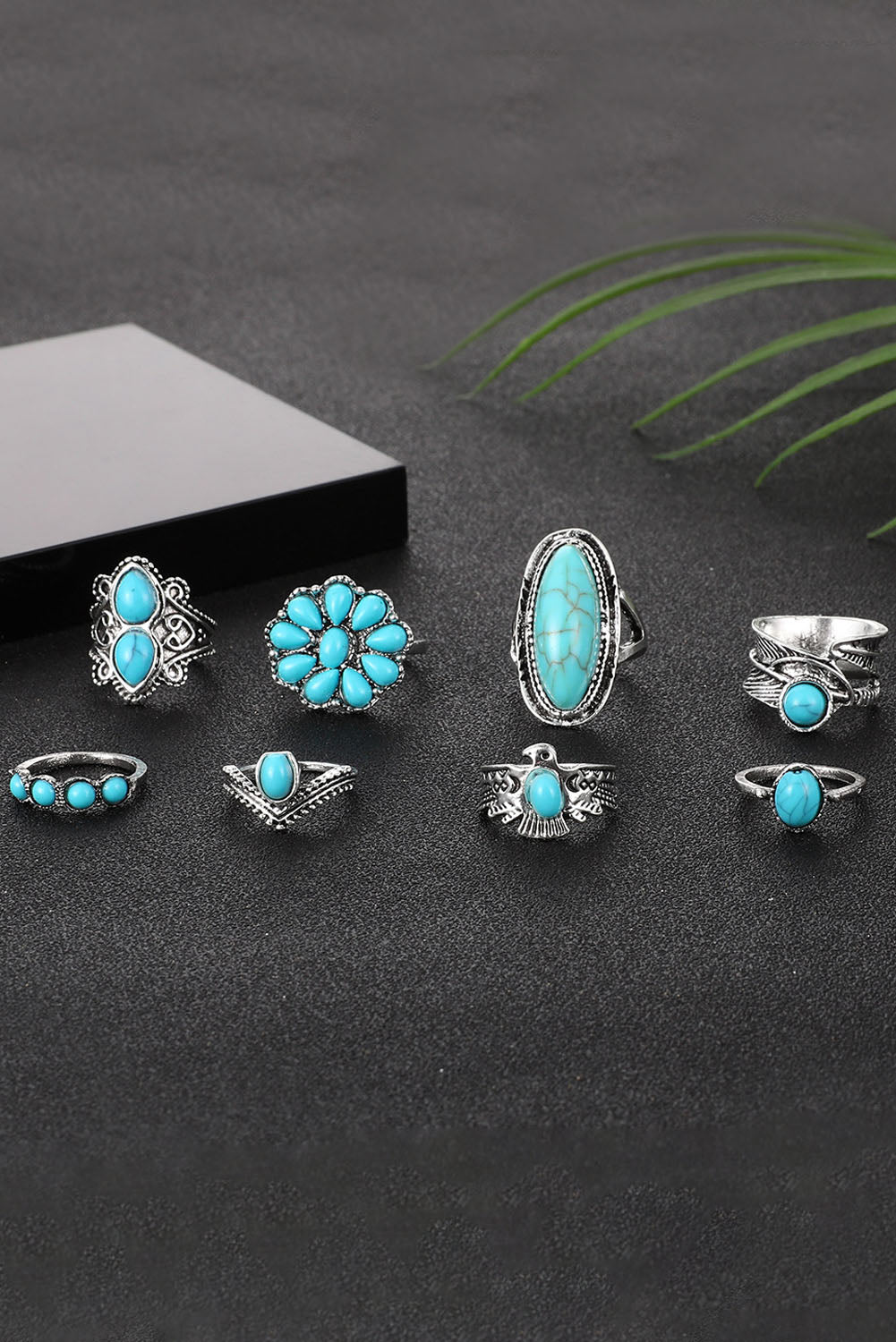 Green 8Pcs Vintage Western Turquoise Ring Set