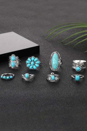 Green 8Pcs Vintage Western Turquoise Ring Set