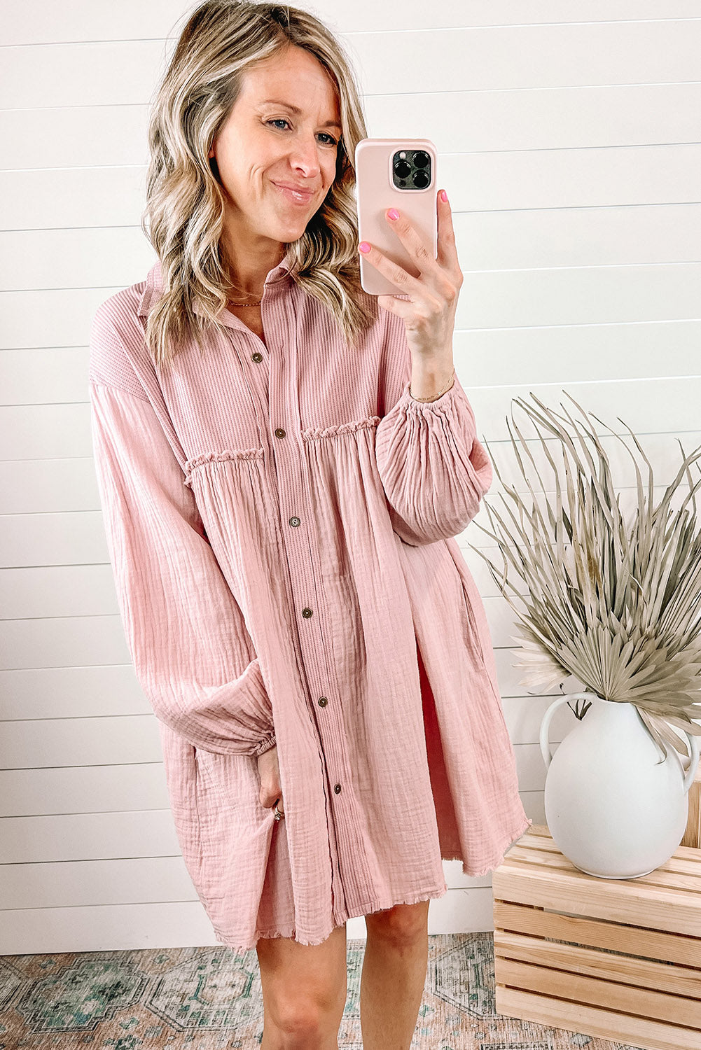 Black Ribbed and Crinkle Patchwork Puff Sleeve Shirt Dress