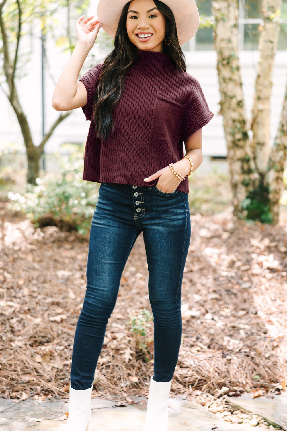 Green Patch Pocket Ribbed Knit Short Sleeve Sweater