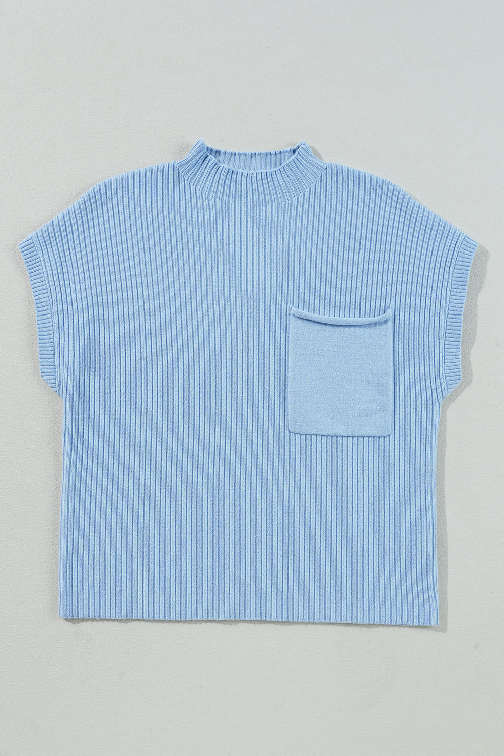 Green Patch Pocket Ribbed Knit Short Sleeve Sweater
