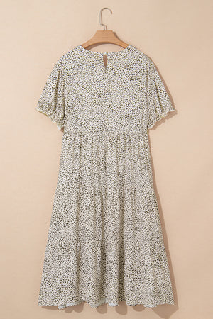 Beige Plus Size Leopard Print Frill Trim Short Sleeve Flared Dress